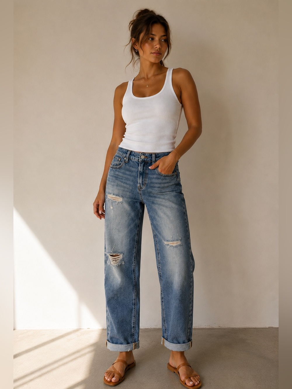 316. RISEN Slouch Crop Relaxed Fit Distressed Blue Boyfriend Jeans